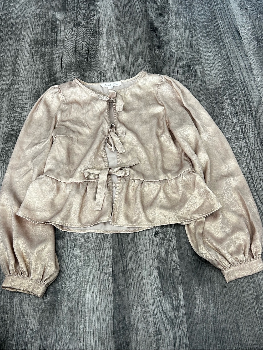 Vine & Love Metallic Blush Tie-Front Peplum Blouse